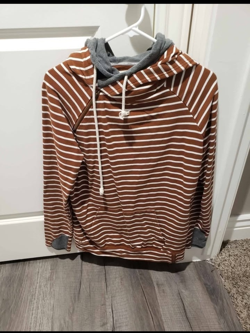 AMPERSAND AVE Brown & White Striped Hooded Sweatshirt with Gray Lining